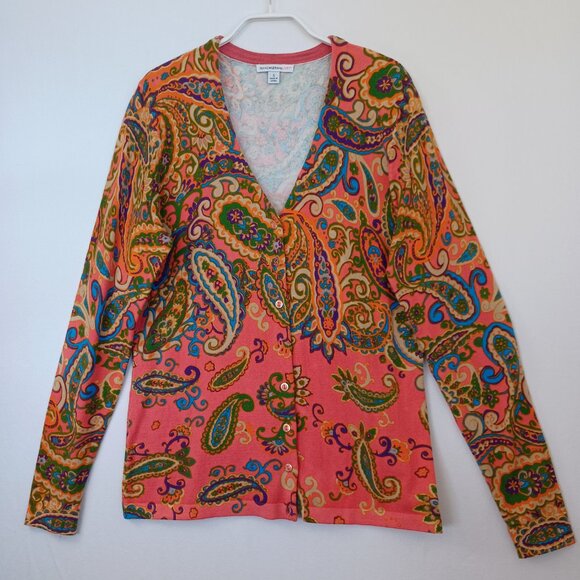 Isaac Mizrahi Live Cardigan Paisley Print V Neck Button Front Sweater Size Small - Picture 8 of 8